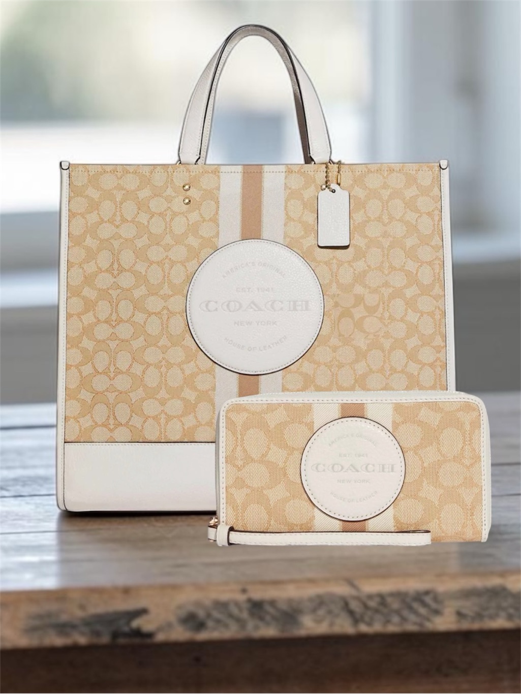 Coach Dempsey Stripe Tote Bag + Wallet In Khaki/Chalk Nwt